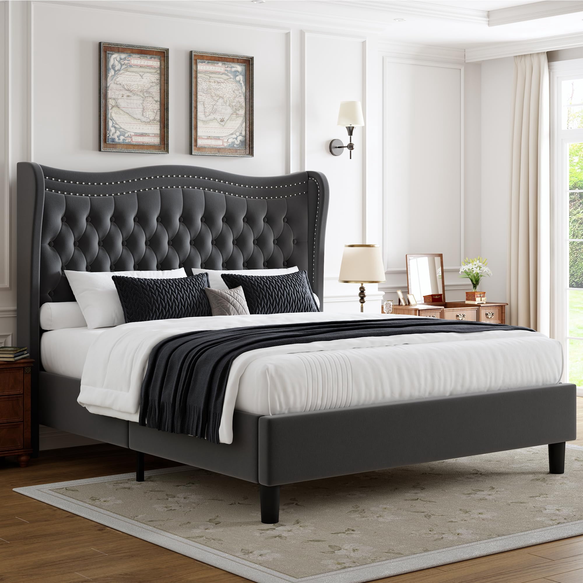 Miniyam Full Size Wingback Bed with 52" Velvet Upholstered Headboard, Nailhead Trim, Sturdy Wood Slats for Adults, Gray