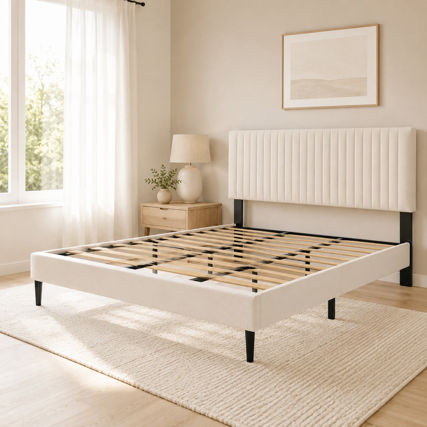 Miniyam Full Upholstered Bed Frame with Adjustable Headboard, Platform Bed with Wood Slat Support, Beige