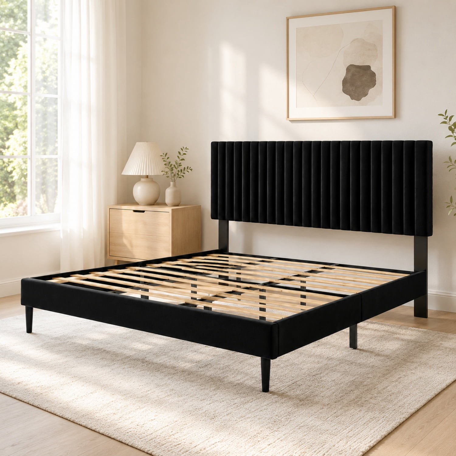 Miniyam Full Upholstered Bed Frame with Adjustable Headboard, Platform Bed with Wood Slat Support, Black