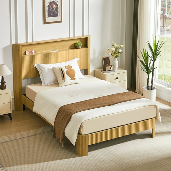 Miniyam Full XL Size Bed with Textured Wave-Panel Headboard and Charging Station, Woodgrain Storage Shelf with USB and Outlets for Adult, Natural