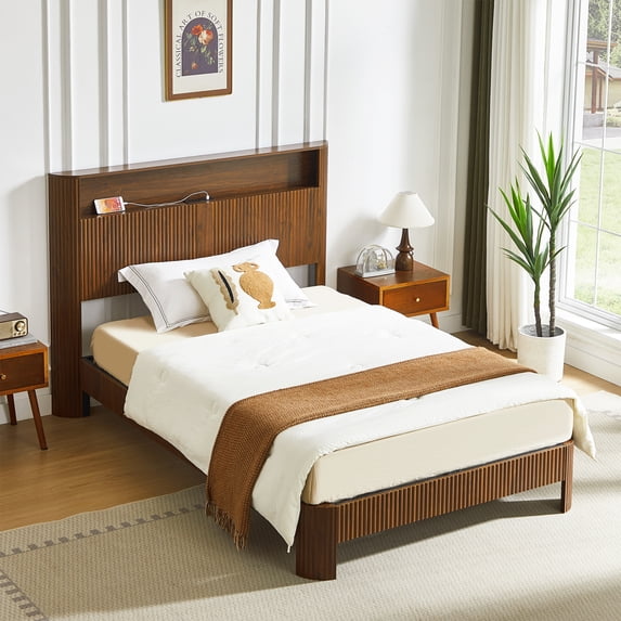 Miniyam Full XL Size Bed with Textured Wave-Panel Headboard and Charging Station, Woodgrain Storage Shelf with USB and Outlets for Adult, Walnut