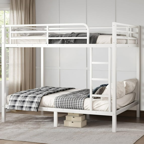 Miniyam Full over Full Metal Bunk Bed Frame with Dual Guardrails and Ladders, Quiet Heavy-Duty Steel, White