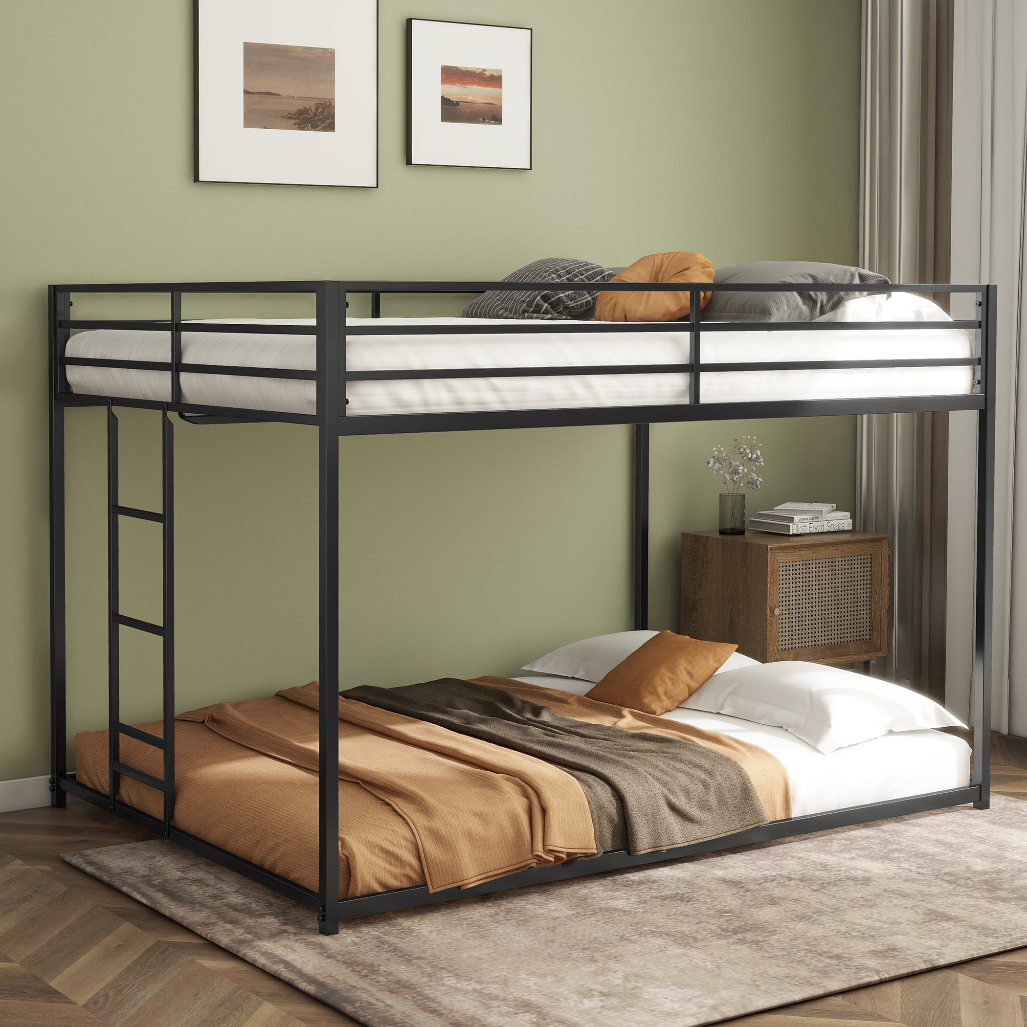 Miniyam Full over Full Metal Bunk Bed with Safety Guardrails, Ladder for Teens, Black