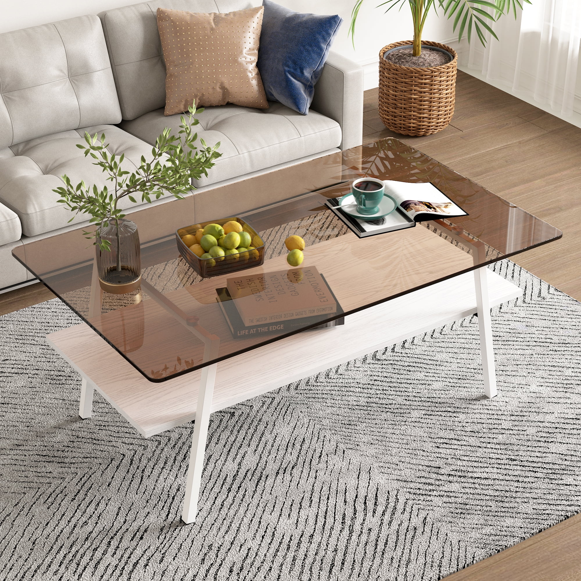 Miniyam Modern Glass Coffee Table for Living Room with Tempered Glass Top, MDF Storage Shelf and Metal Legs, Brown&White