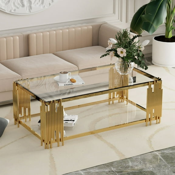Miniyam Glass Coffee Table for Living Room, Rectangular Tempered Glass Table with Stainless Steel Metal Leg for Home Office, Clear