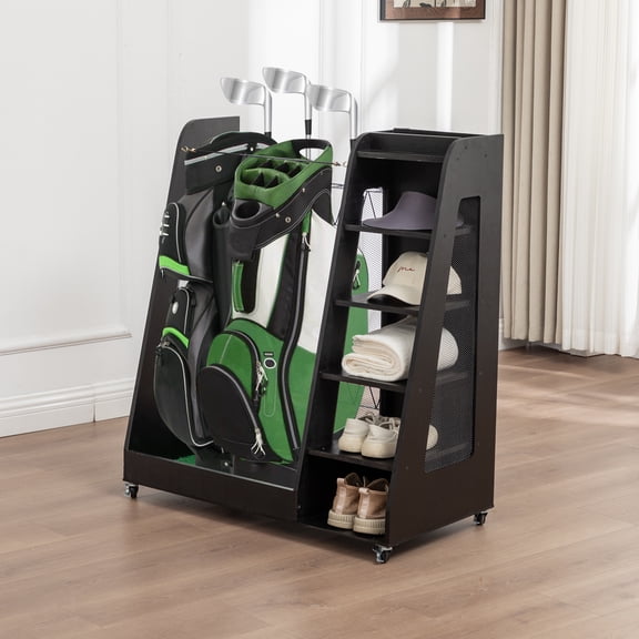 Miniyam Golf Bag Organizer for 2 Bags – Wooden Golf Club Storage Rack, Heavy Duty for Garage & Home, Black