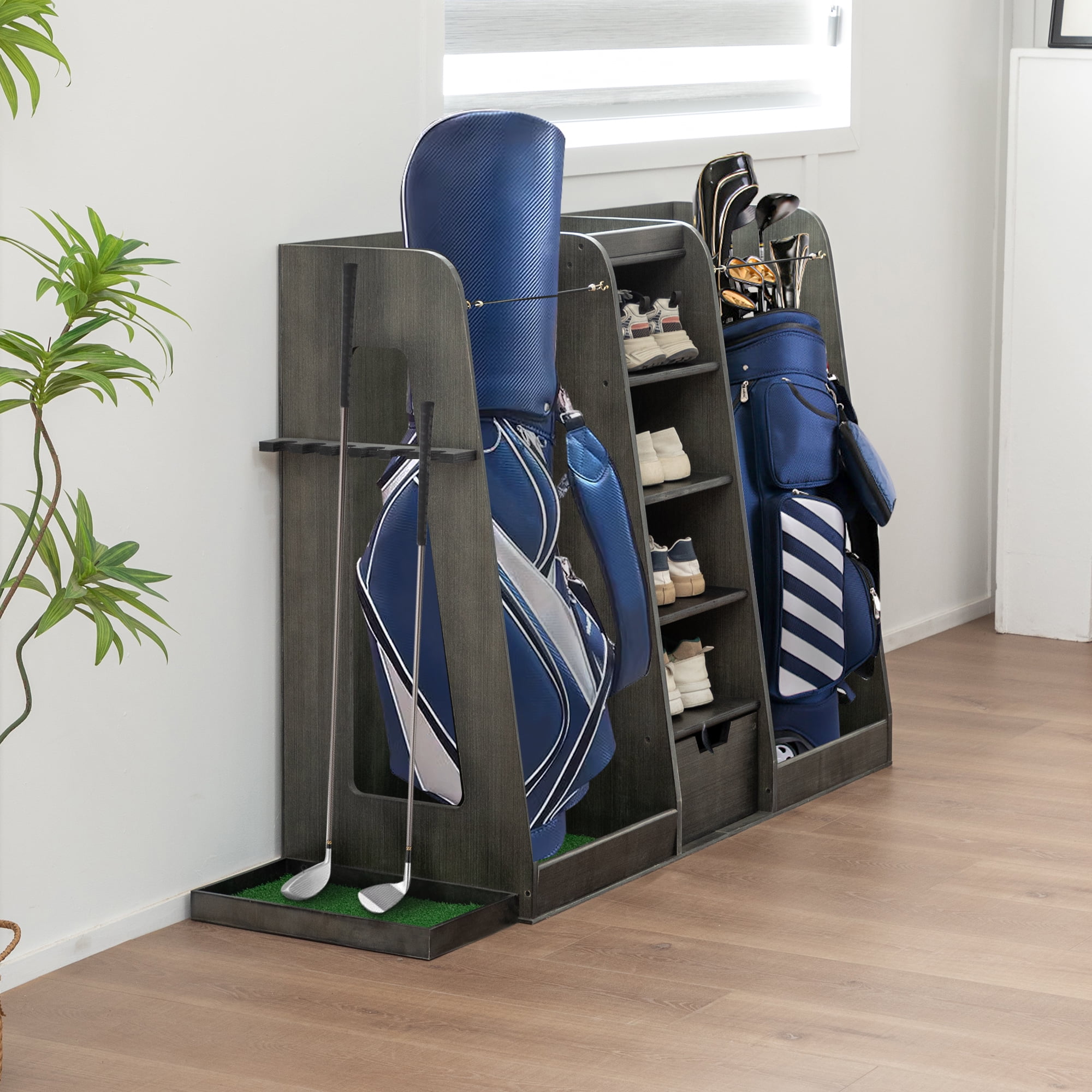 Miniyam Golf Bag Organizer with Drawers & Side Club Holders – Wooden 2 Bag Storage Rack, Heavy Duty, Gray