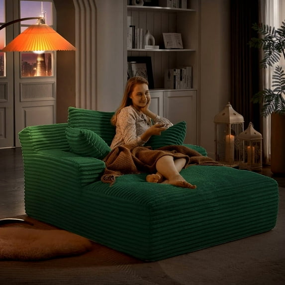 Miniyam Green Oversized Chaise Lounge Chair Indoor, Corduroy Upholstered Modern Sofa Couch,No Assembly Required,Comfy Sleeper Sofa for Living Room,Office