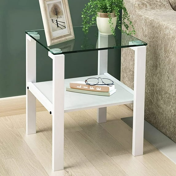 Miniyam Indoor Contemporary Storage Glass Square End Table, White