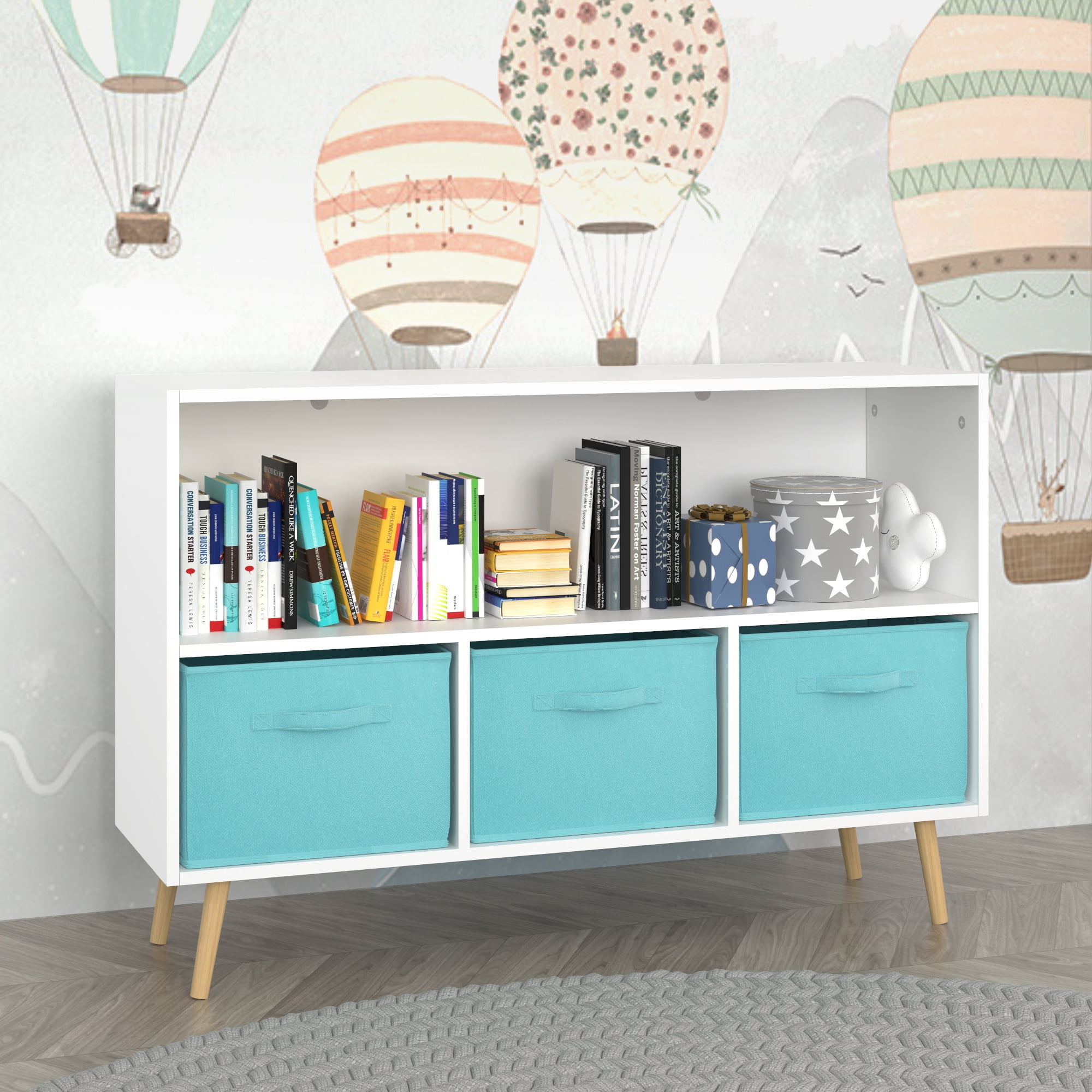Miniyam Kids Bookcase with Storage Bins, 3 Fabric Drawers, Wooden Toy Organizer for Kids Room, Blue