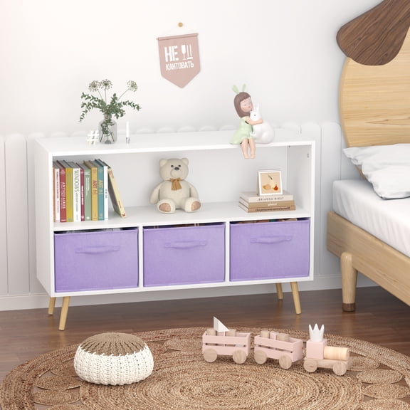 Miniyam Kids Bookcase with Storage Bins, 3 Fabric Drawers, Wooden Toy Organizer for Kids Room, Purple