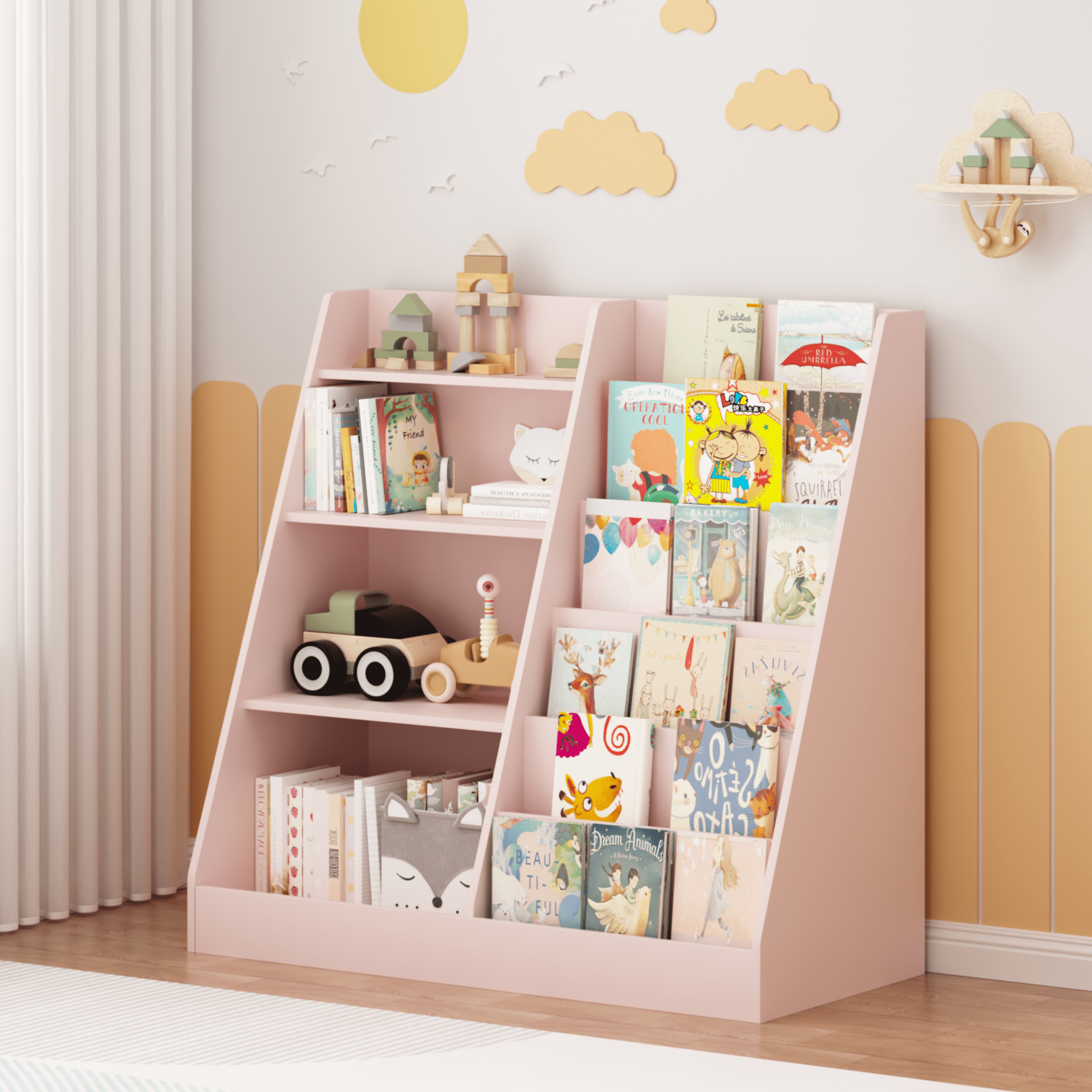 Miniyam Kids Bookshelf and Toy Organizer, 33.5-Inch Wood Book Rack for Kids Room, Pink