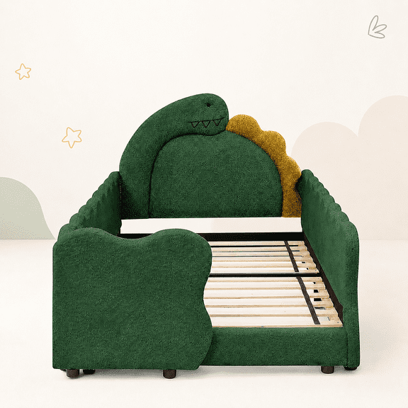 Miniyam Kids Twin Bed Frame, Boucle Upholstered Dinosaur Bed with Guardrails, Wood Slats, Green