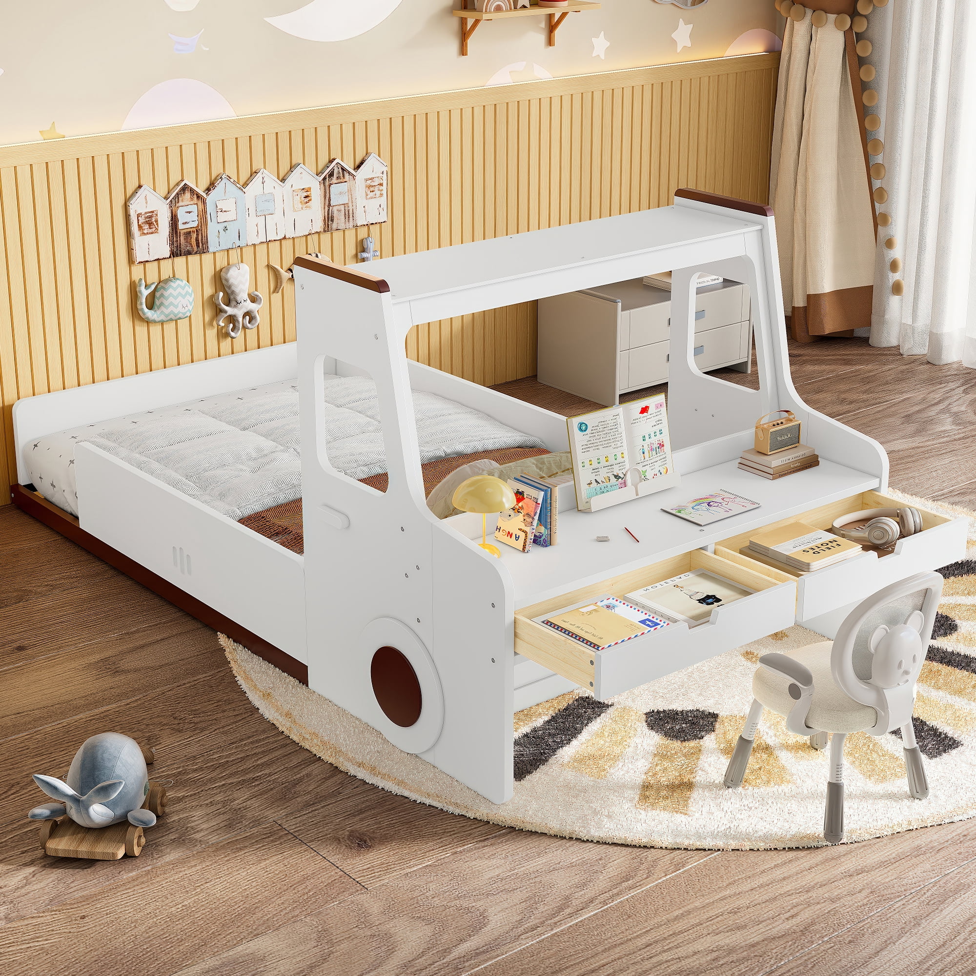 Miniyam Twin Kids Car Bed Frame with Storage Drawers, Low Profile Vehicle-Shaped Floor Bed with Side Platform, White