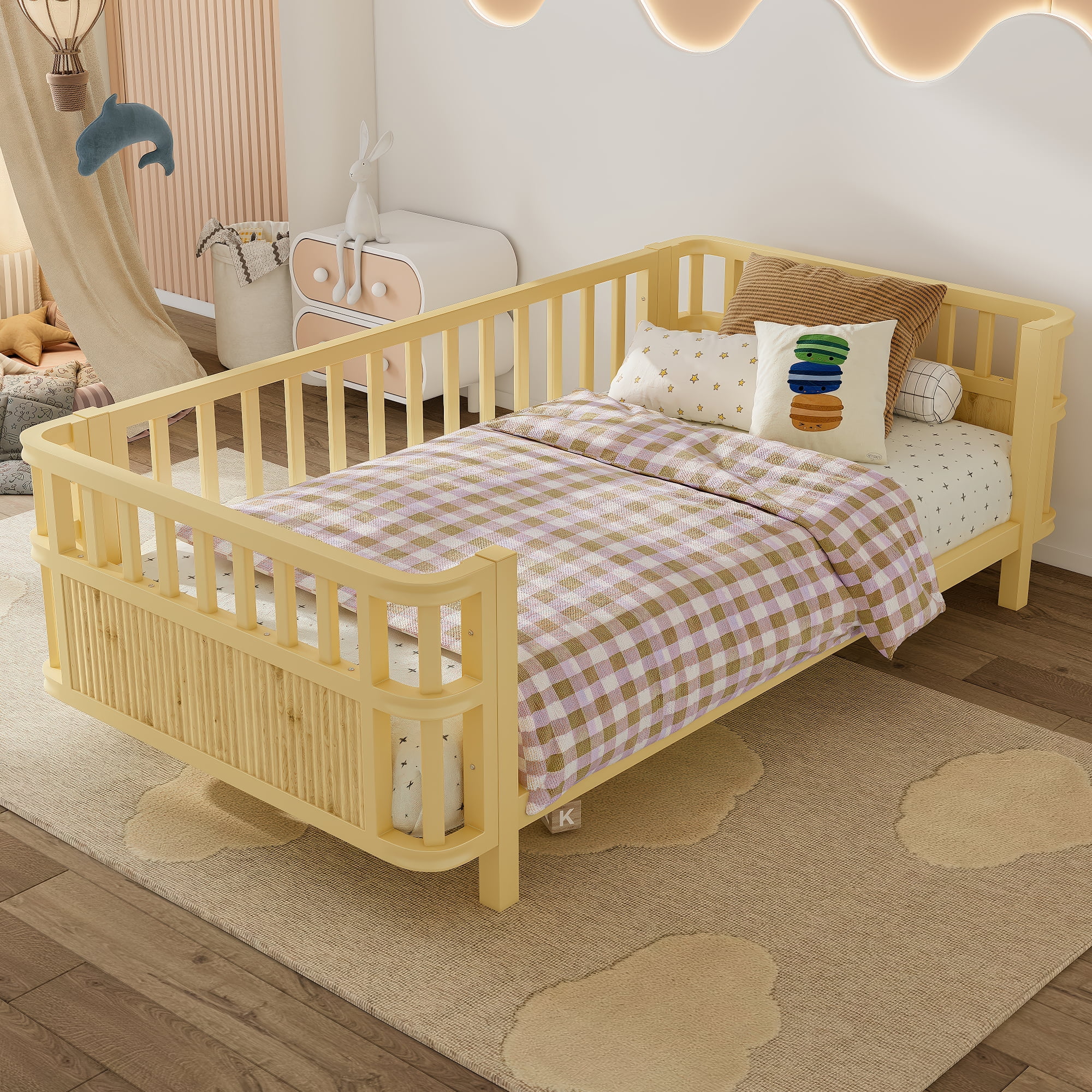 Miniyam Kids Twin Fence Bed with Safety Rails, Low Profile Platform Bed for Children, Sturdy Slatted Support, Natural