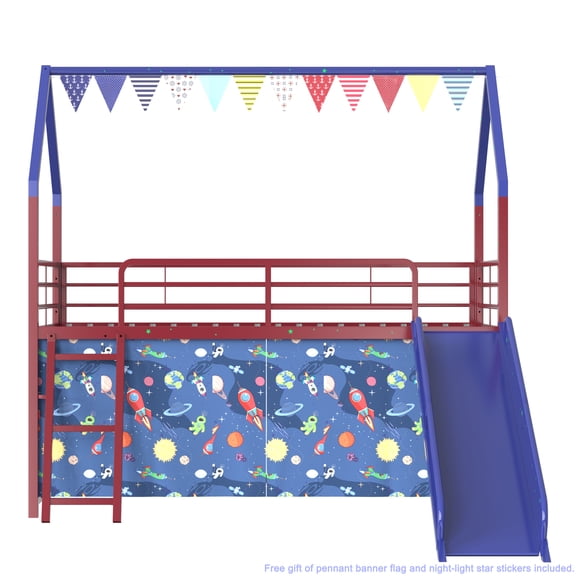 Miniyam Kids Twin Loft Bed with Slide and Curtain, House-Shaped Metal Frame Bunk with Guardrails, Ladder, Blue