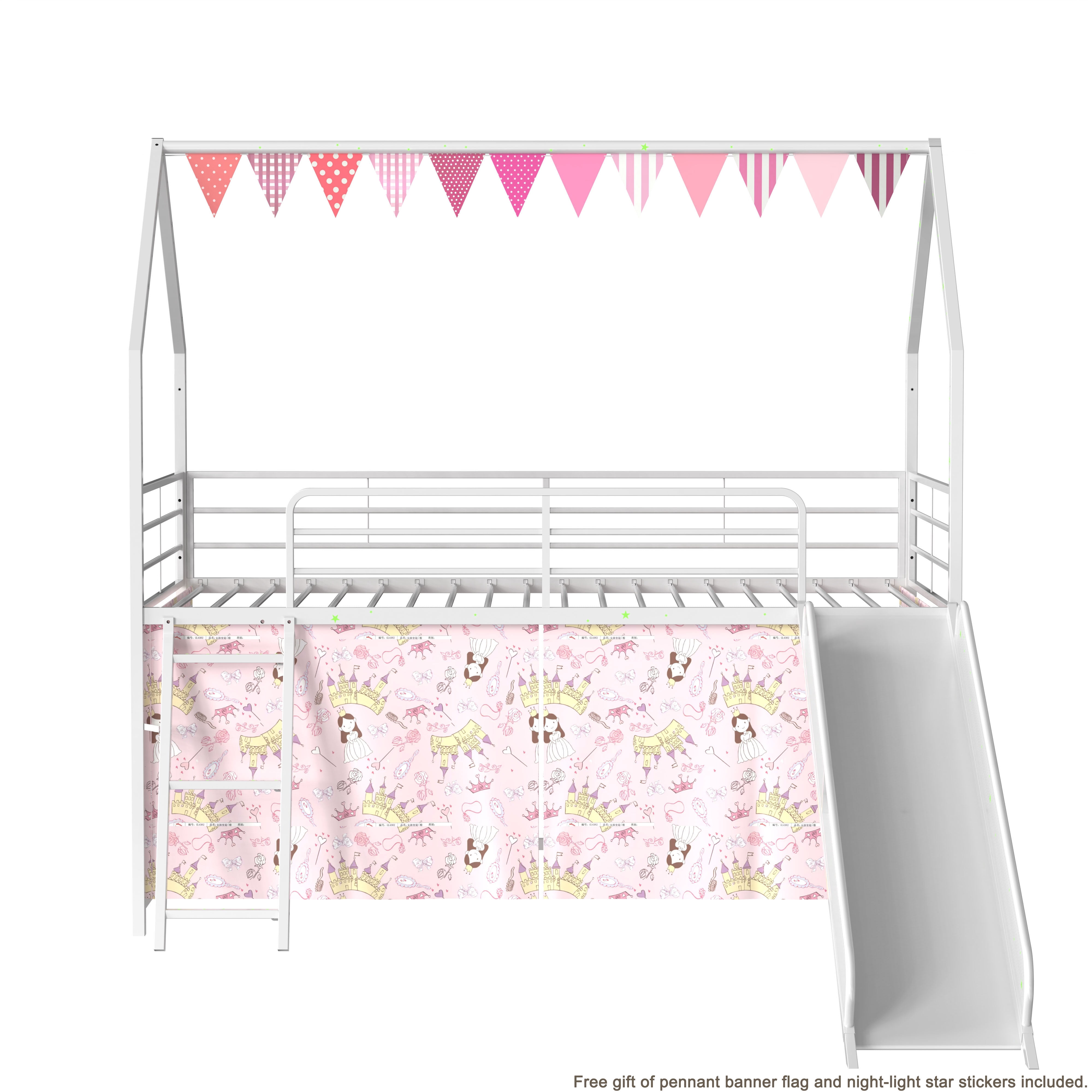 Miniyam Kids Twin Loft Bed with Slide and Curtain, House-Shaped Metal Frame Bunk with Guardrails, Ladder, Pink