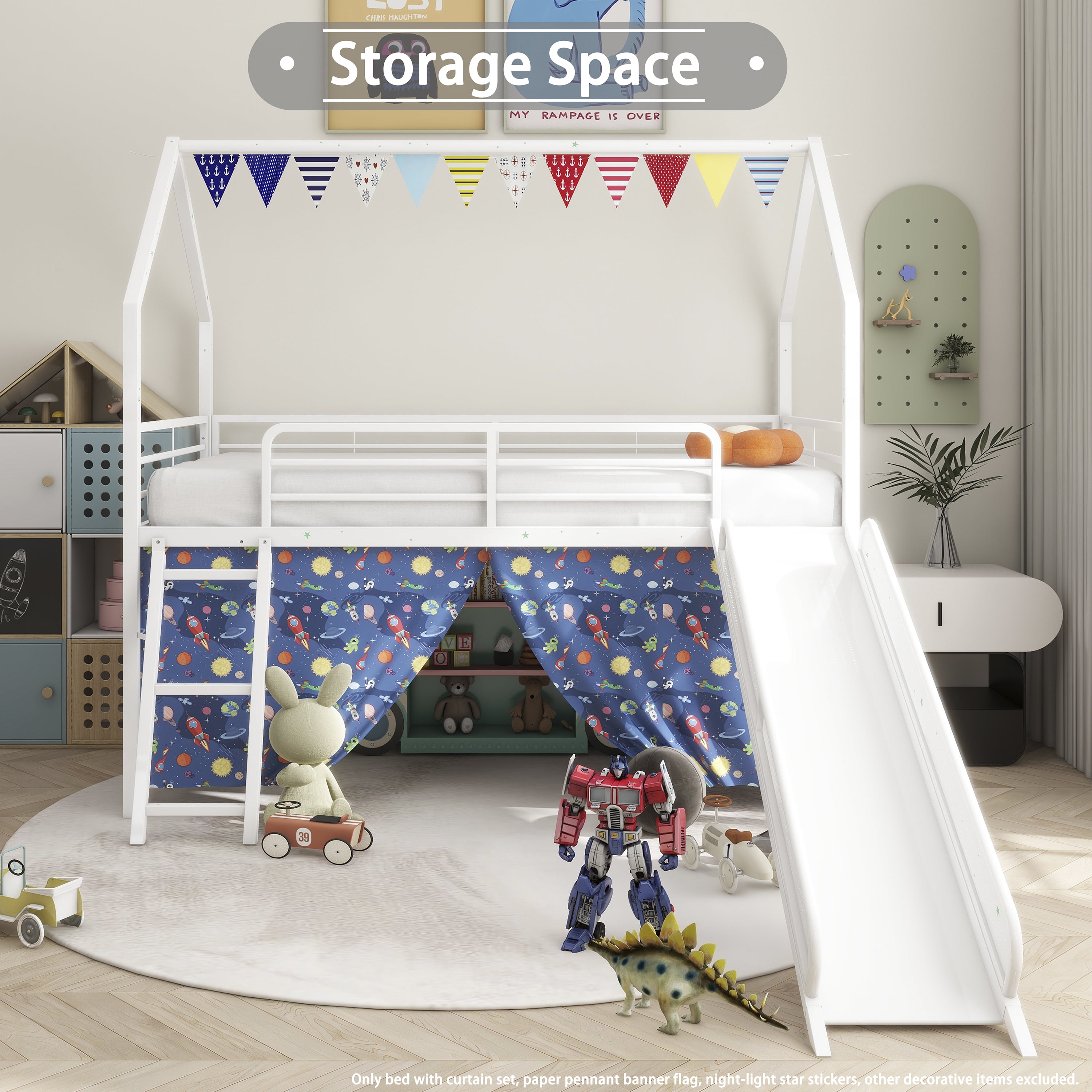 Miniyam Kids Twin Loft Bed with Slide and Curtain, House-Shaped Metal Frame Bunk with Guardrails, Ladder, White