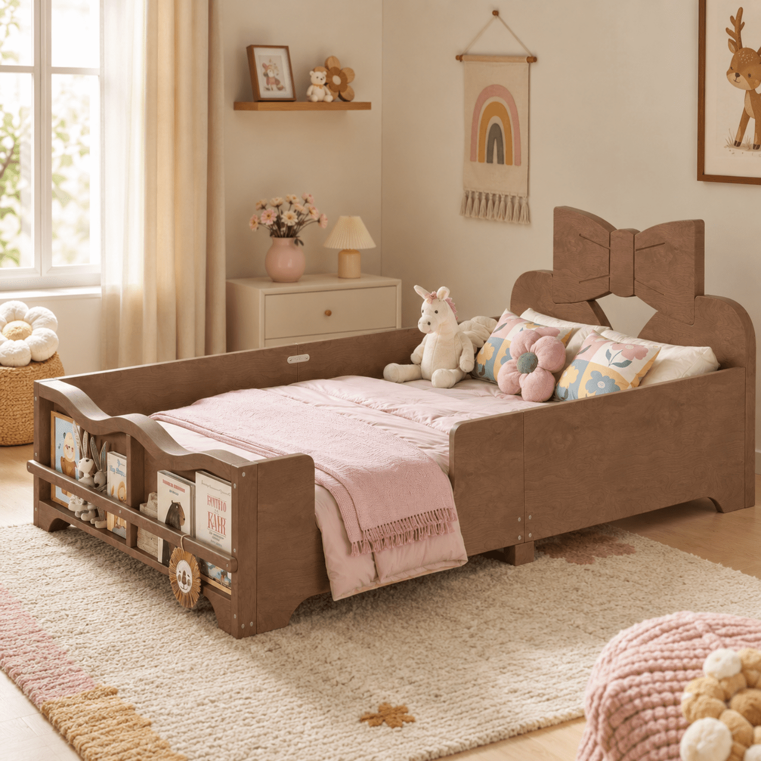Miniyam Kids Twin Montessori Floor Bed with Guardrails and Built-In Bookshelf, Bowknot Headboard, Brown