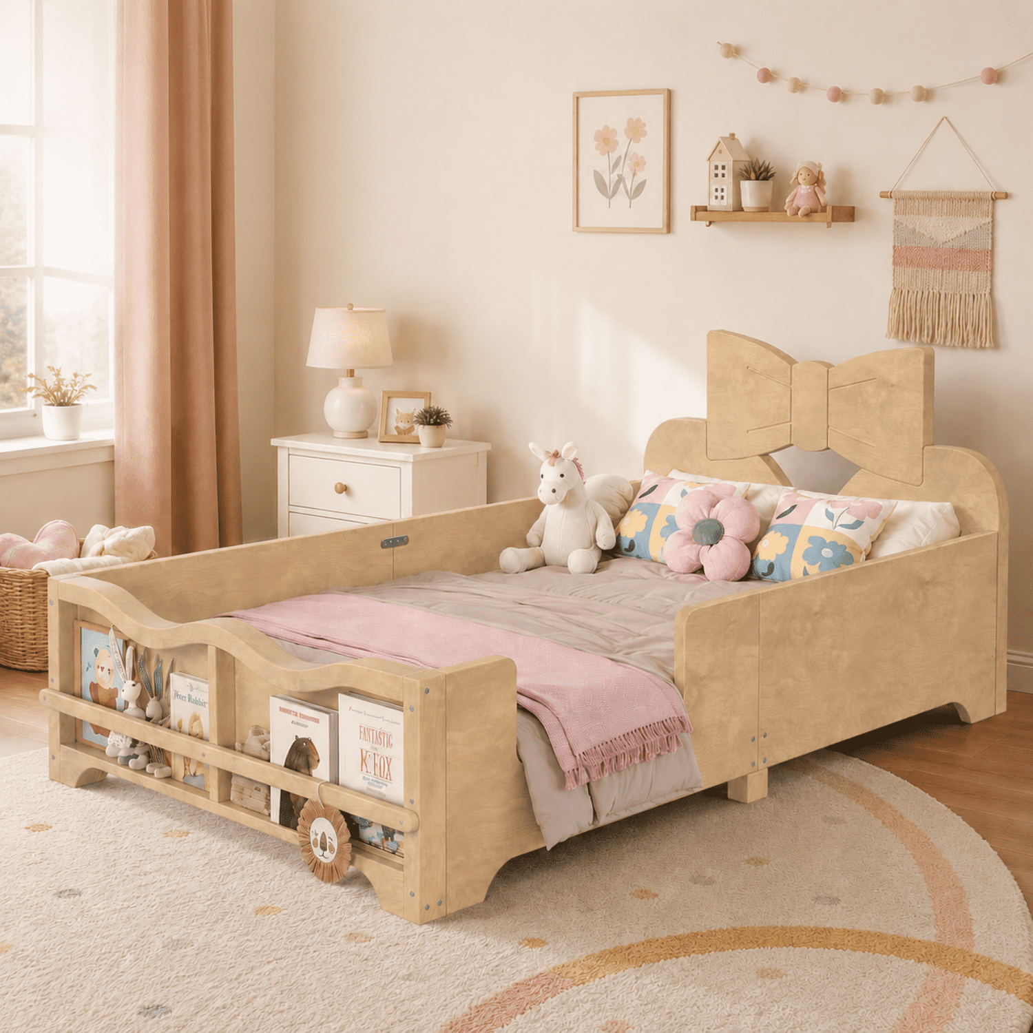 Miniyam Kids Twin Montessori Floor Bed with Guardrails and Built-In Bookshelf, Bowknot Headboard, Natual