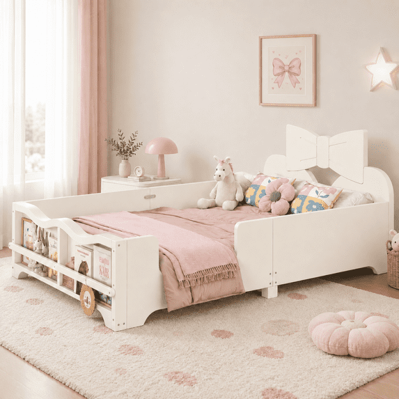 Miniyam Kids Twin Montessori Floor Bed with Guardrails and Built-In Bookshelf, Bowknot Headboard, White