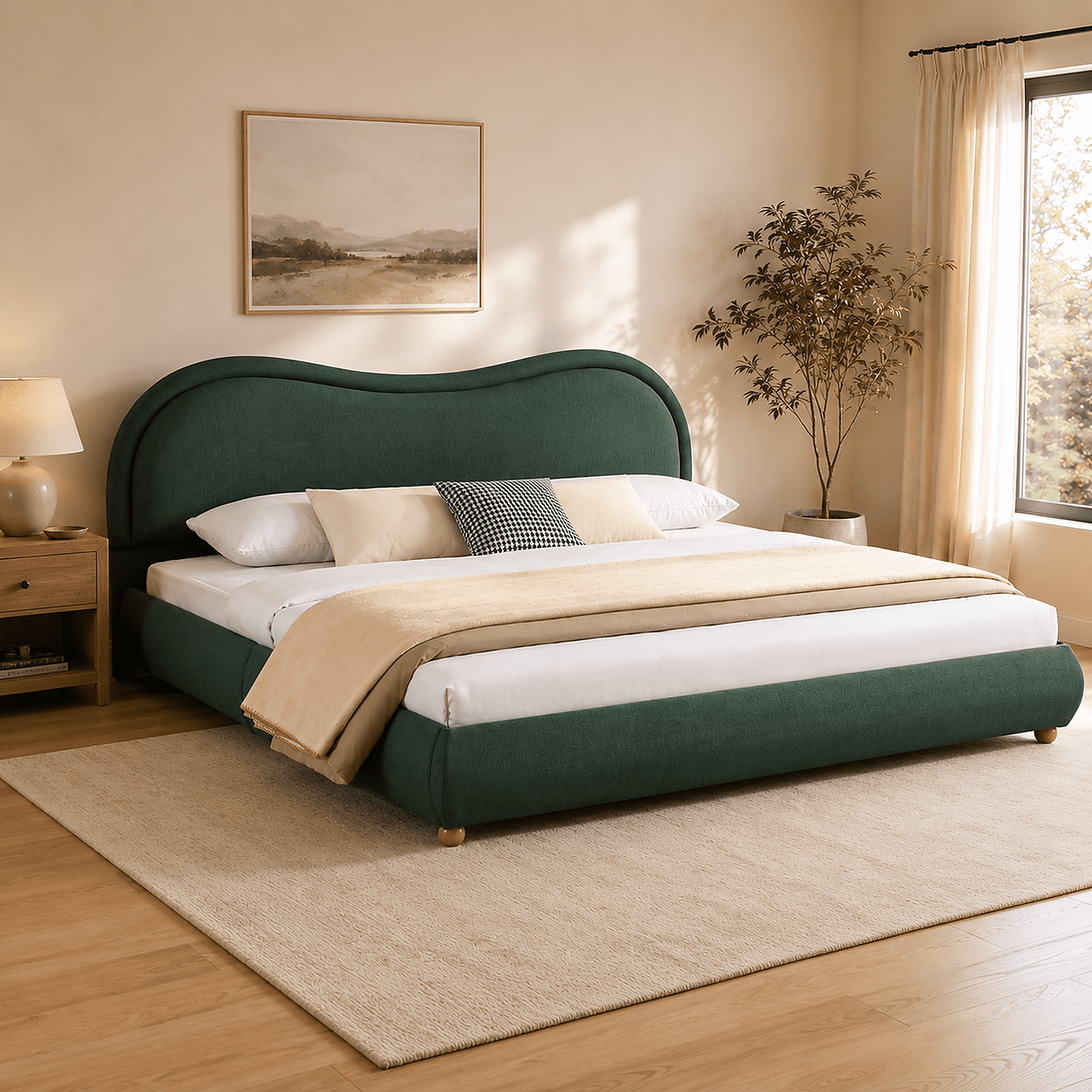 Miniyam King Bed Frame with Curved Headboard, Green Chenille Upholstered Platform Bed with Wooden Slats