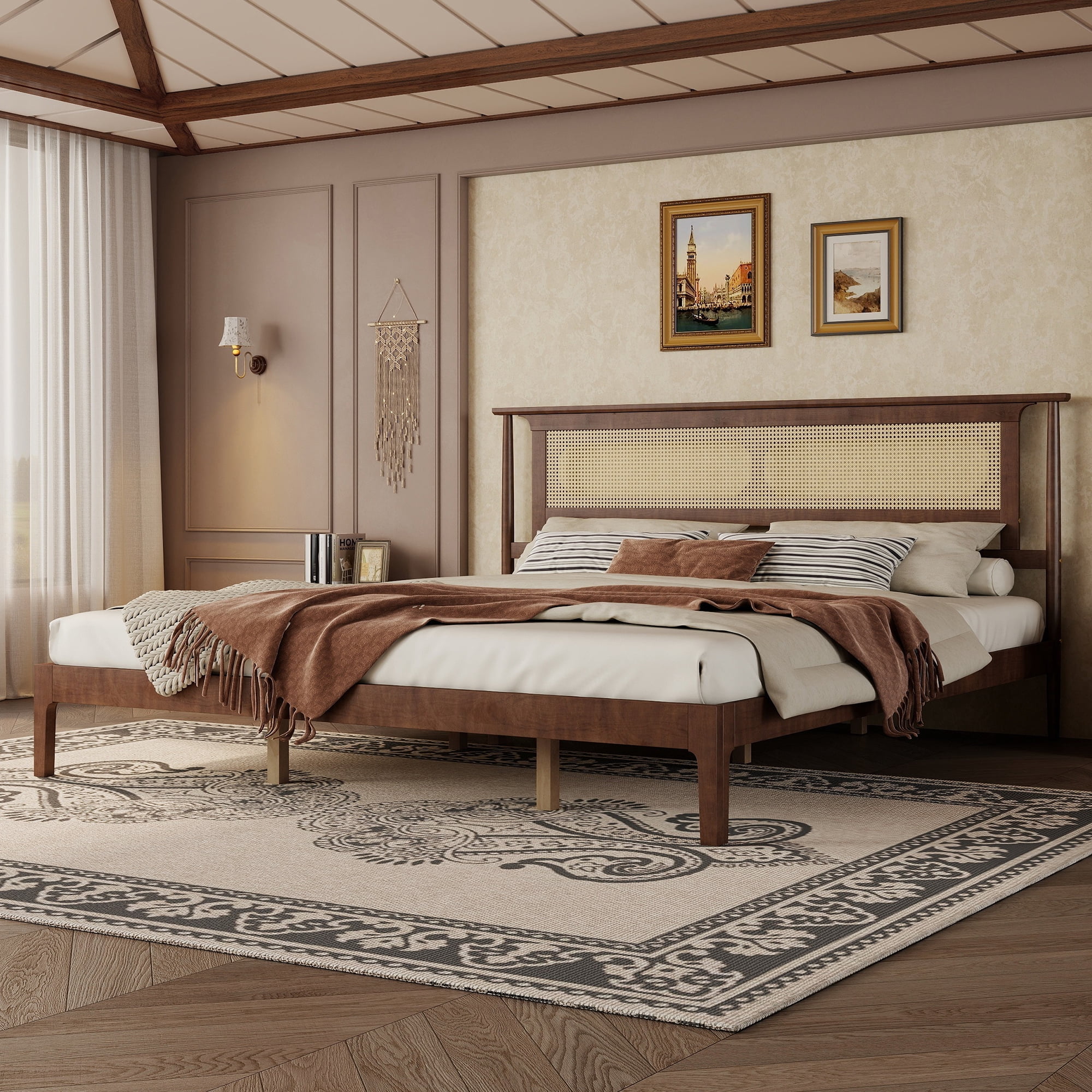 Miniyam King Bed Frame with PE Rattan Headboard, Pine Platform Bed, Walnut