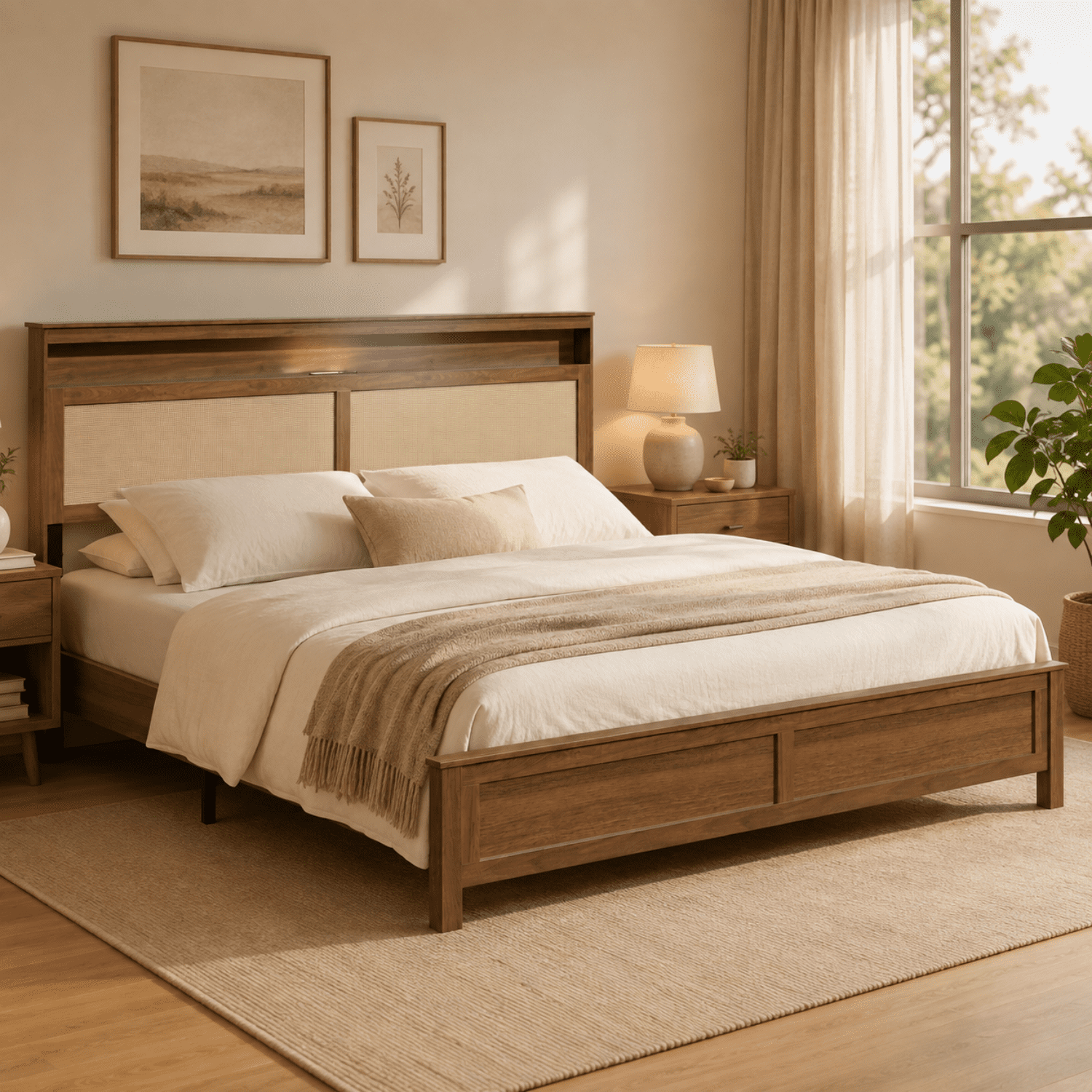Miniyam King Bed Frame with Storage Headboard, LED Light and Charging Station, Cane-Inspired Platform Bed, Brown
