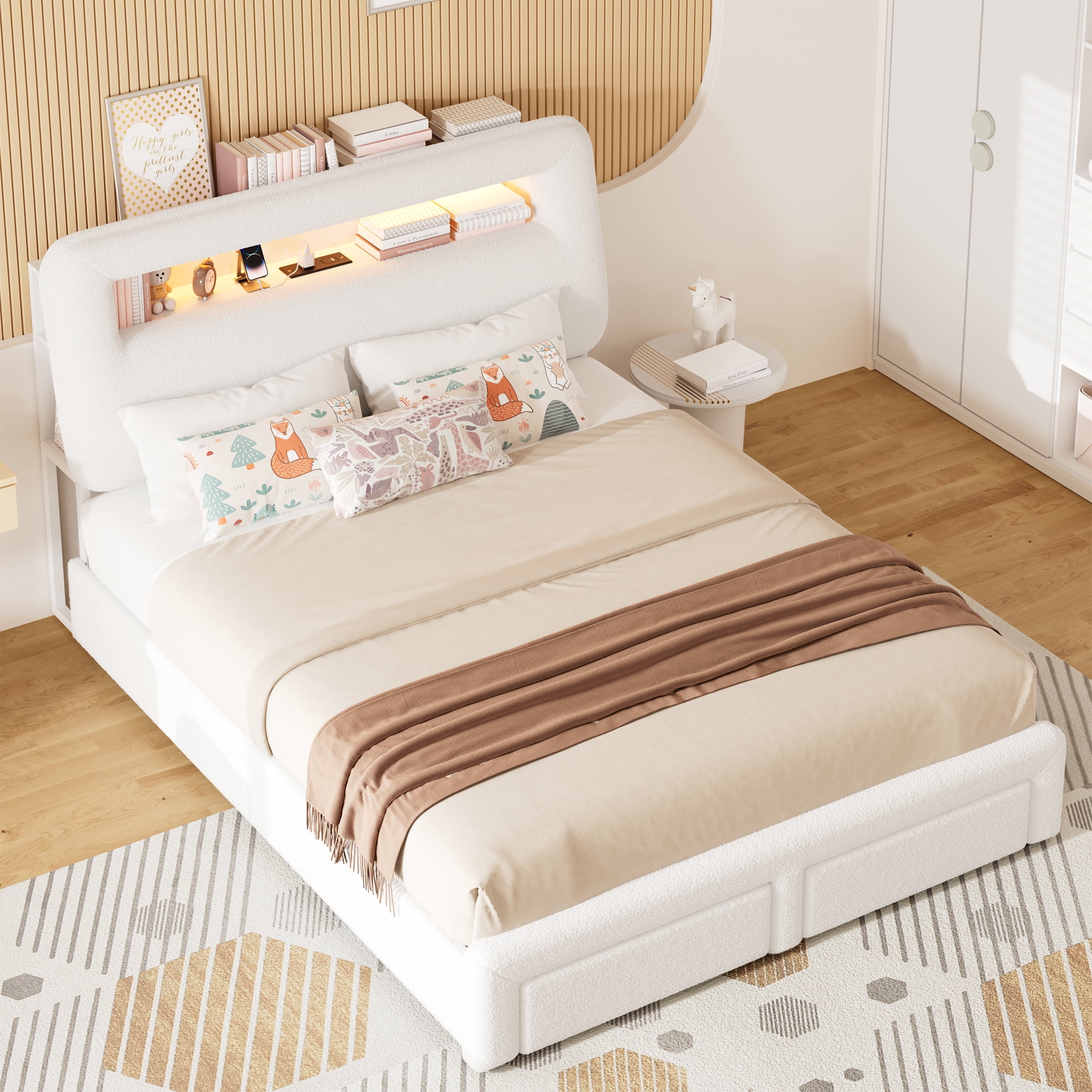 Miniyam King Bed with Storage Drawer, Sherpa Upholstered Headboard, LED Light & USB Charging for Adult