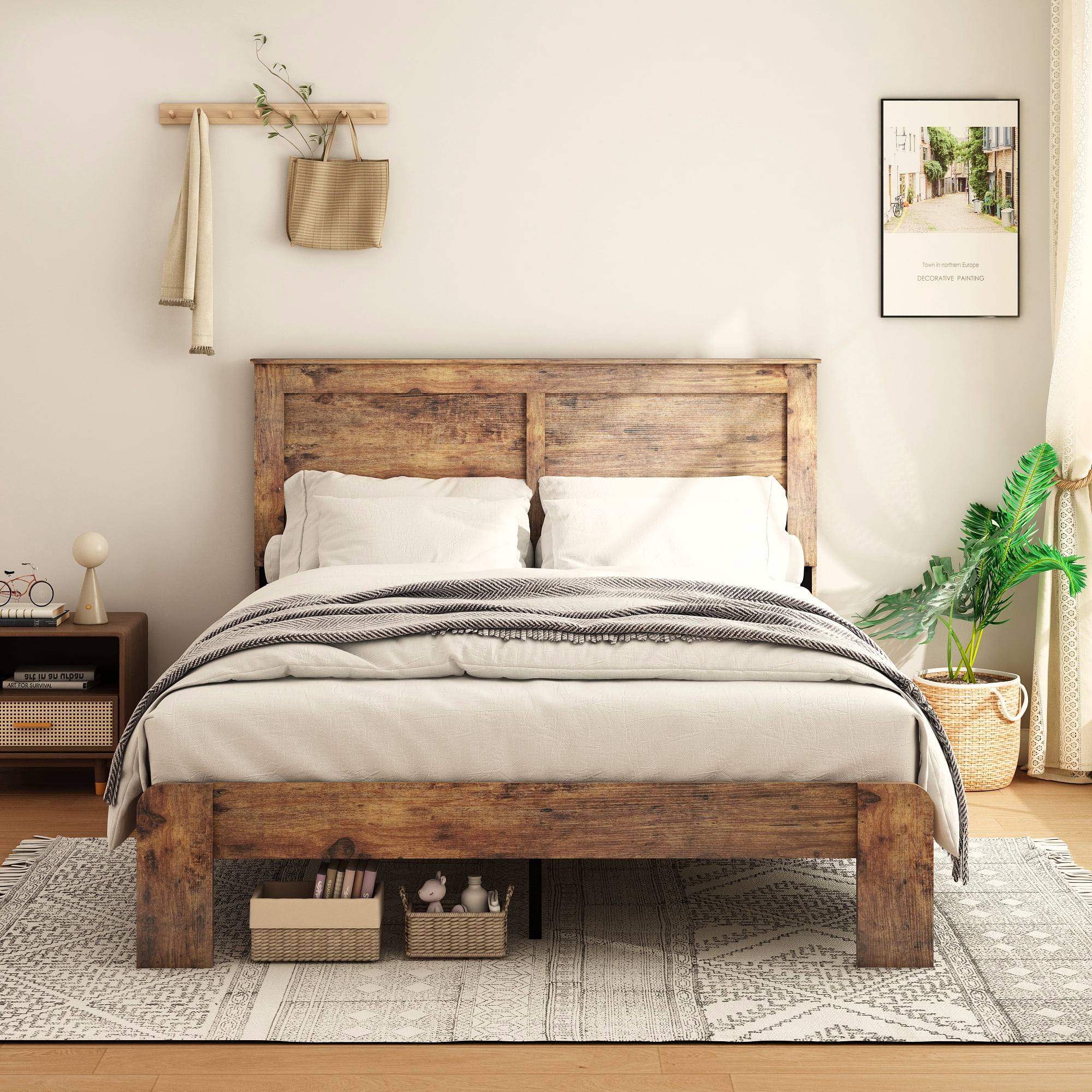 Miniyam King Platform Bed Frame with Headboard, Rustic Wood Bed with Metal Support, No Box Spring, Dark Brown