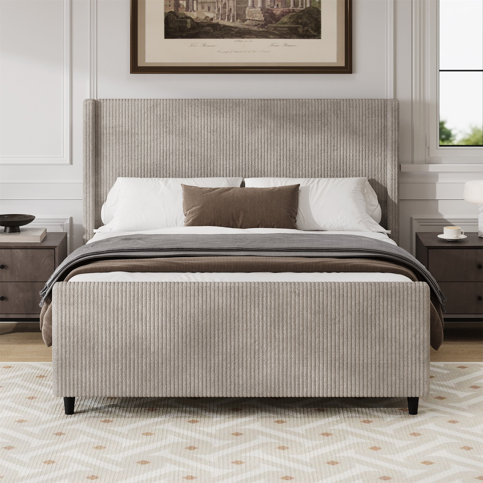 Miniyam King Size 50.7'' High Headboard Corduroy Upholstered Bed Frame with Vertical Stripe Wingback and High Footboard,No Box Spring Needed,Taupe