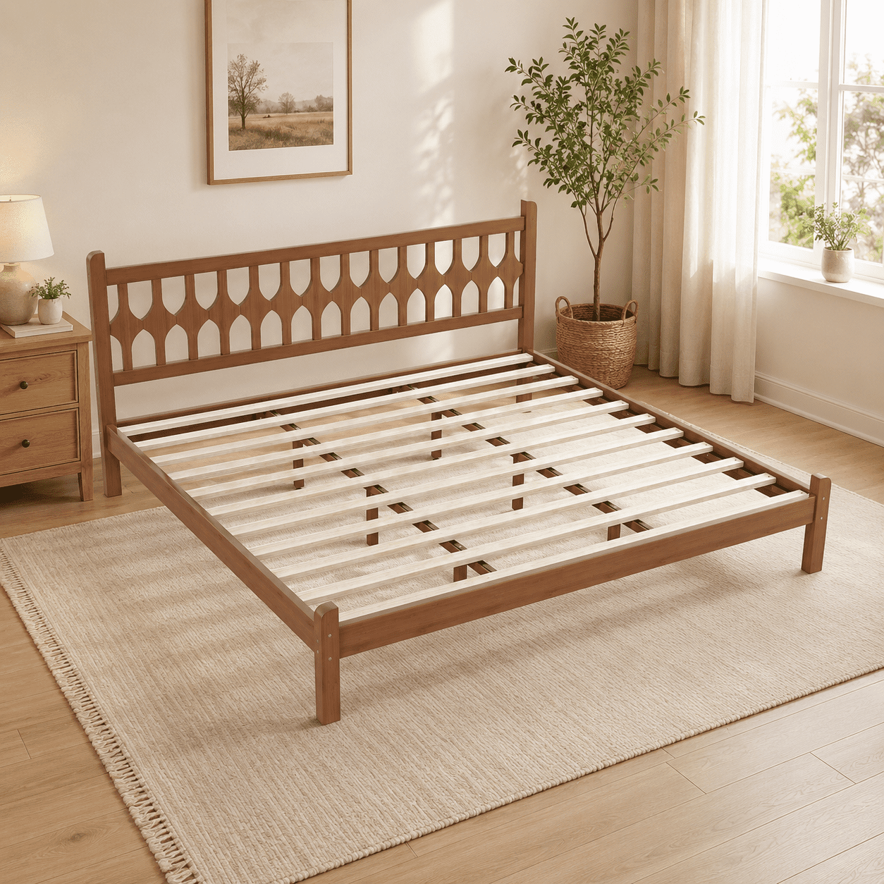 Miniyam King Size Bamboo Platform Bed Frame with Geometric Headboard, Brown