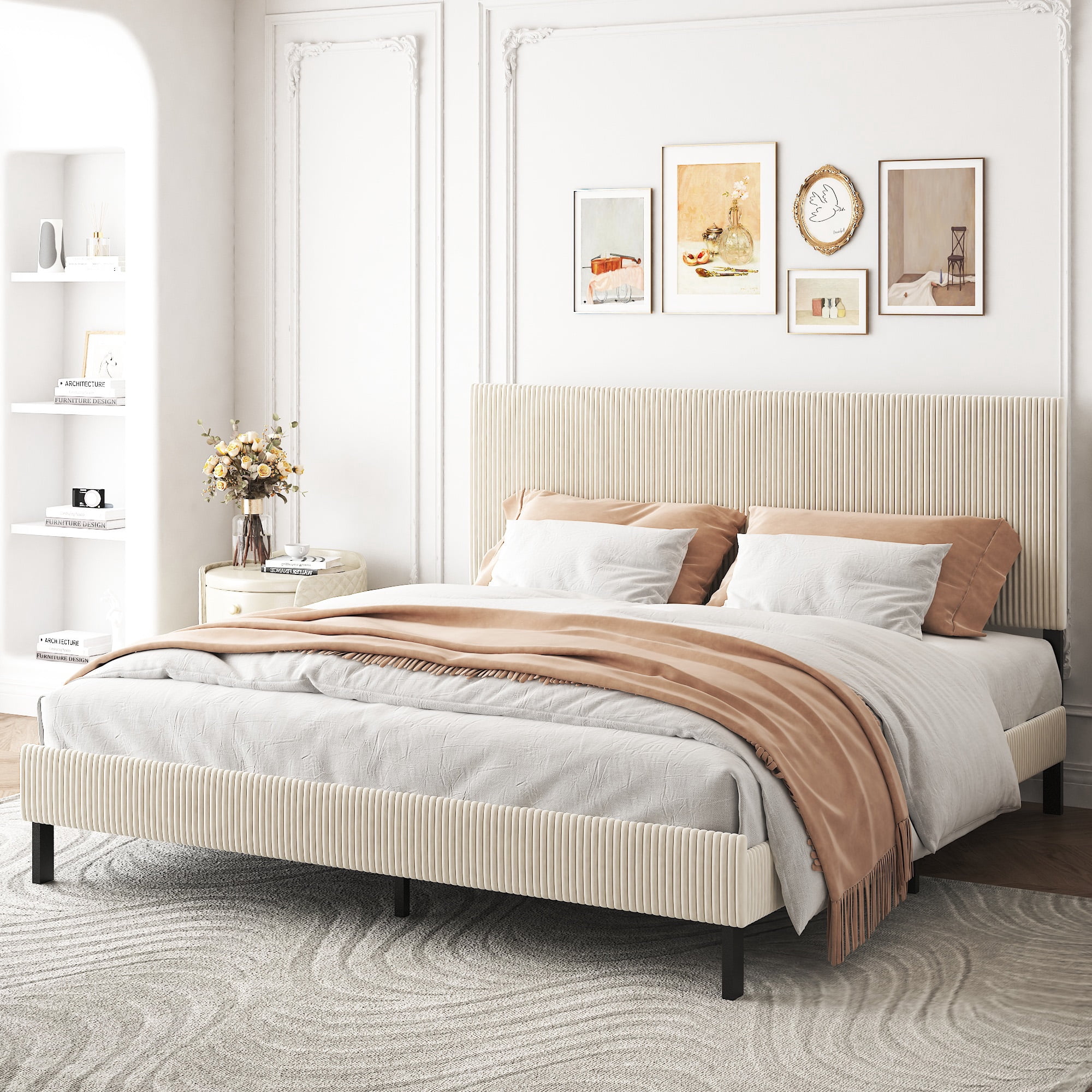 Miniyam King Bed Frame with Upholstered Headboard, Metal Platform Bed, Beige