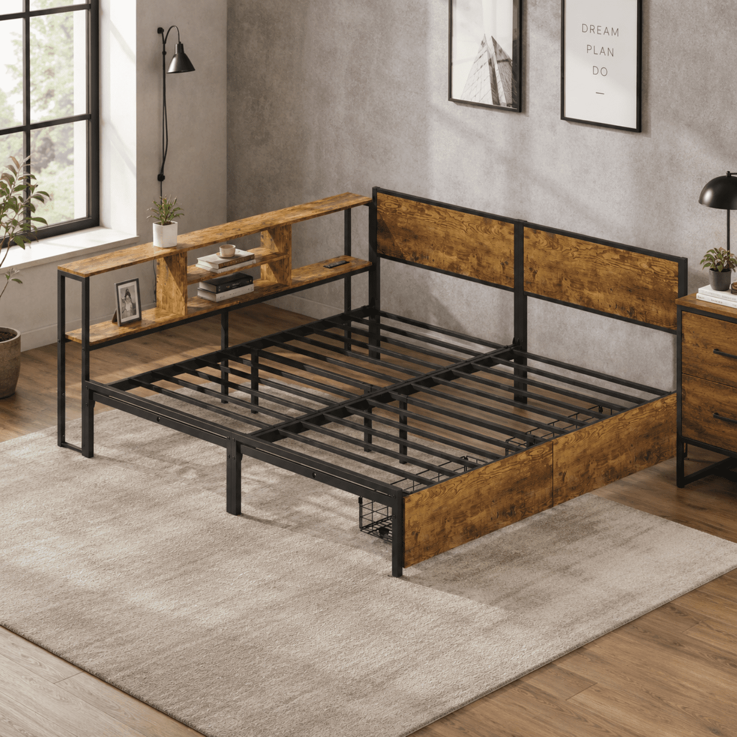 Miniyam King Size Bed Frame with Storage, 2-in-1 Convertible Twin Beds, LED & Charging Station, Brown