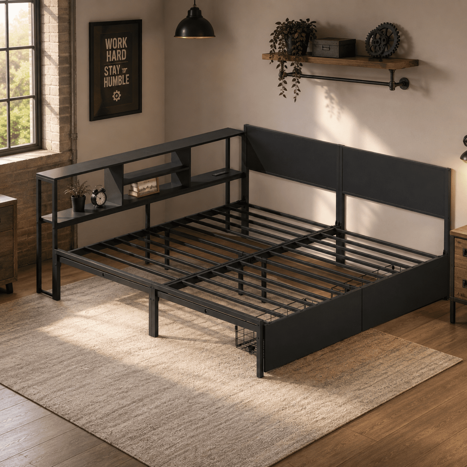 Miniyam King Size Bed Frame with Storage, 2-in-1 Convertible Twin Beds, LED & Charging Station, Gray