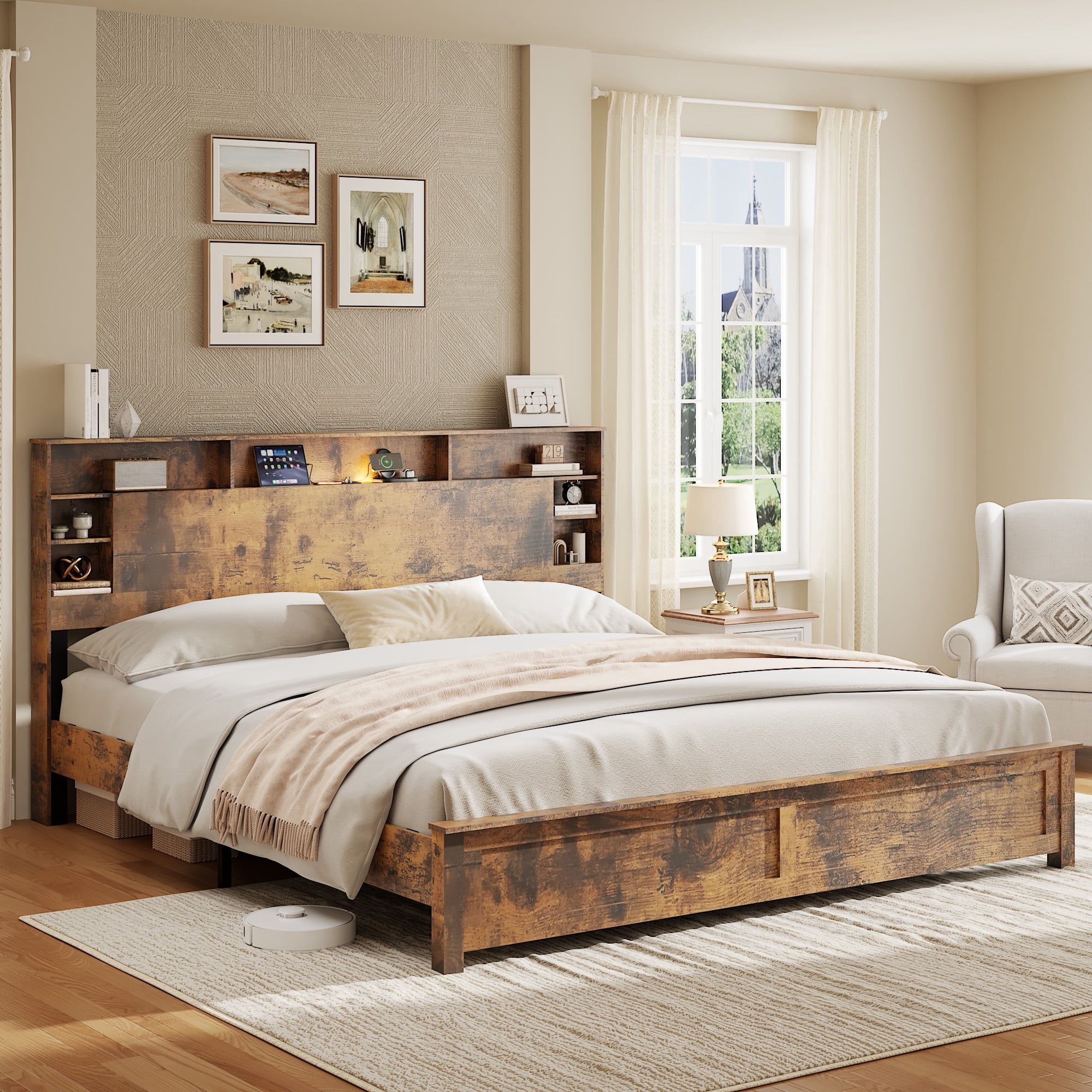 Miniyam King Size Bed Frame with Storage Headboard and Charging Station, LED Light Wood Platform Bed, Rustic Brown