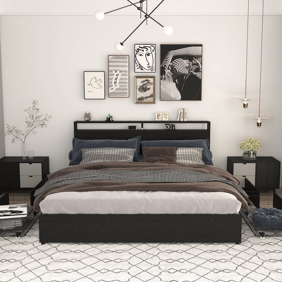 Miniyam King Size Bed with Storage Drawers, LED Lights, USB Charging Headboard for Teen, Black