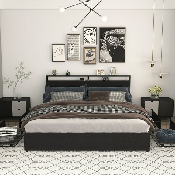 Miniyam King Size Bed with Storage Drawers, LED Lights, USB Charging Headboard for Teen, Black