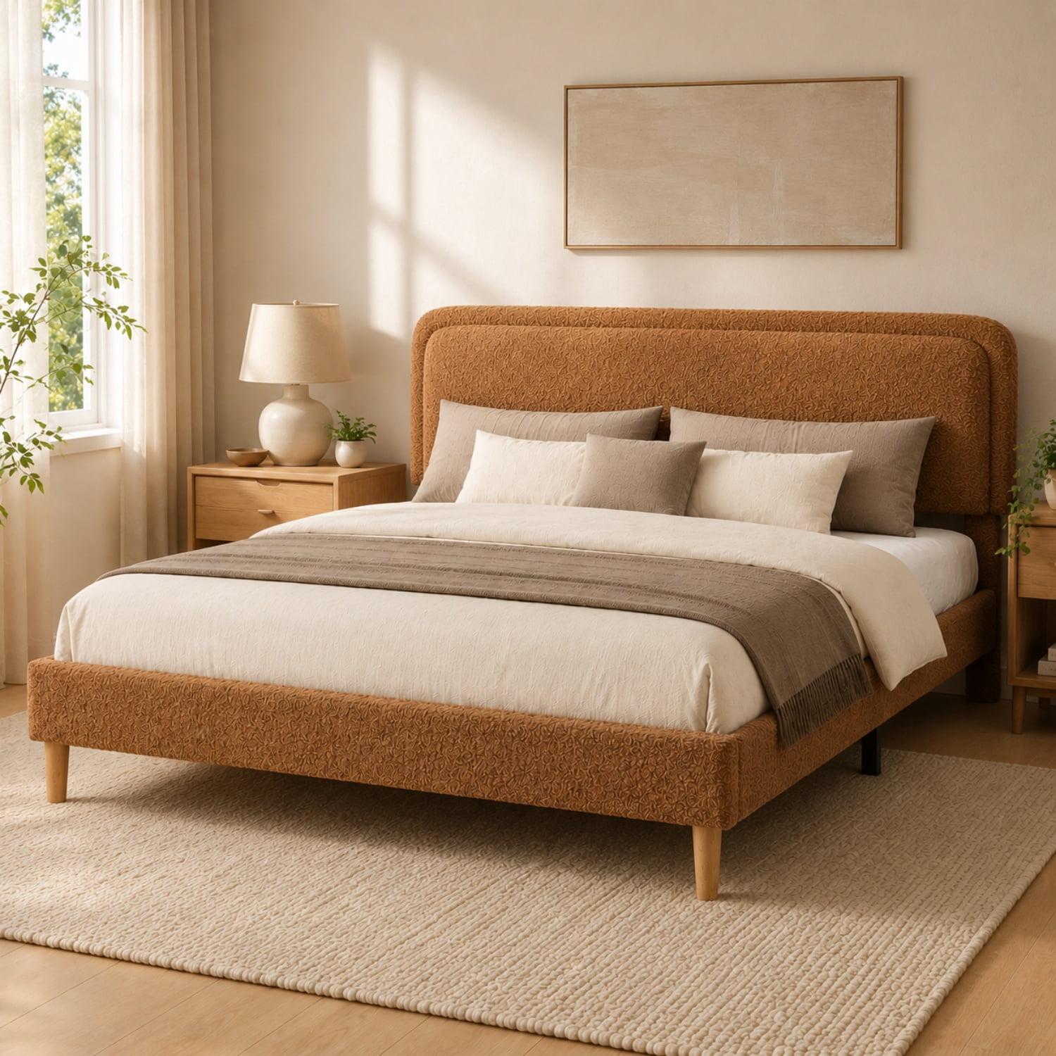 Miniyam King Size Boucle Upholstered Platform Bed Frame with Adjustable Headboard and Wood Slat Support, Brown