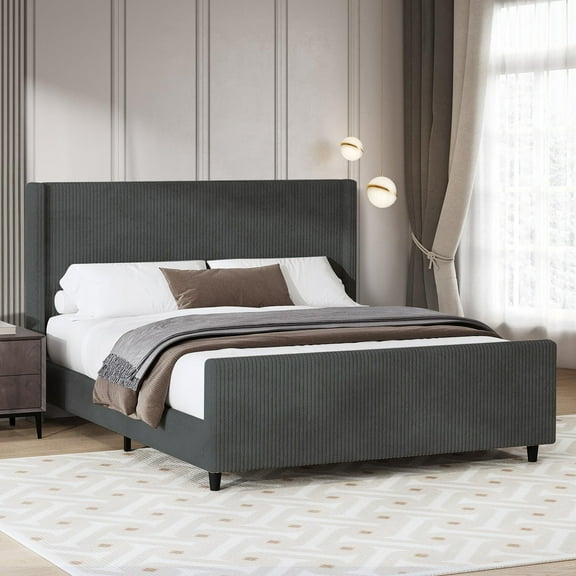 Miniyam King Size Corduroy Upholstered Platform Bed with 50.7" Tufted Headboard, No Box Spring Needed, Dark Gray