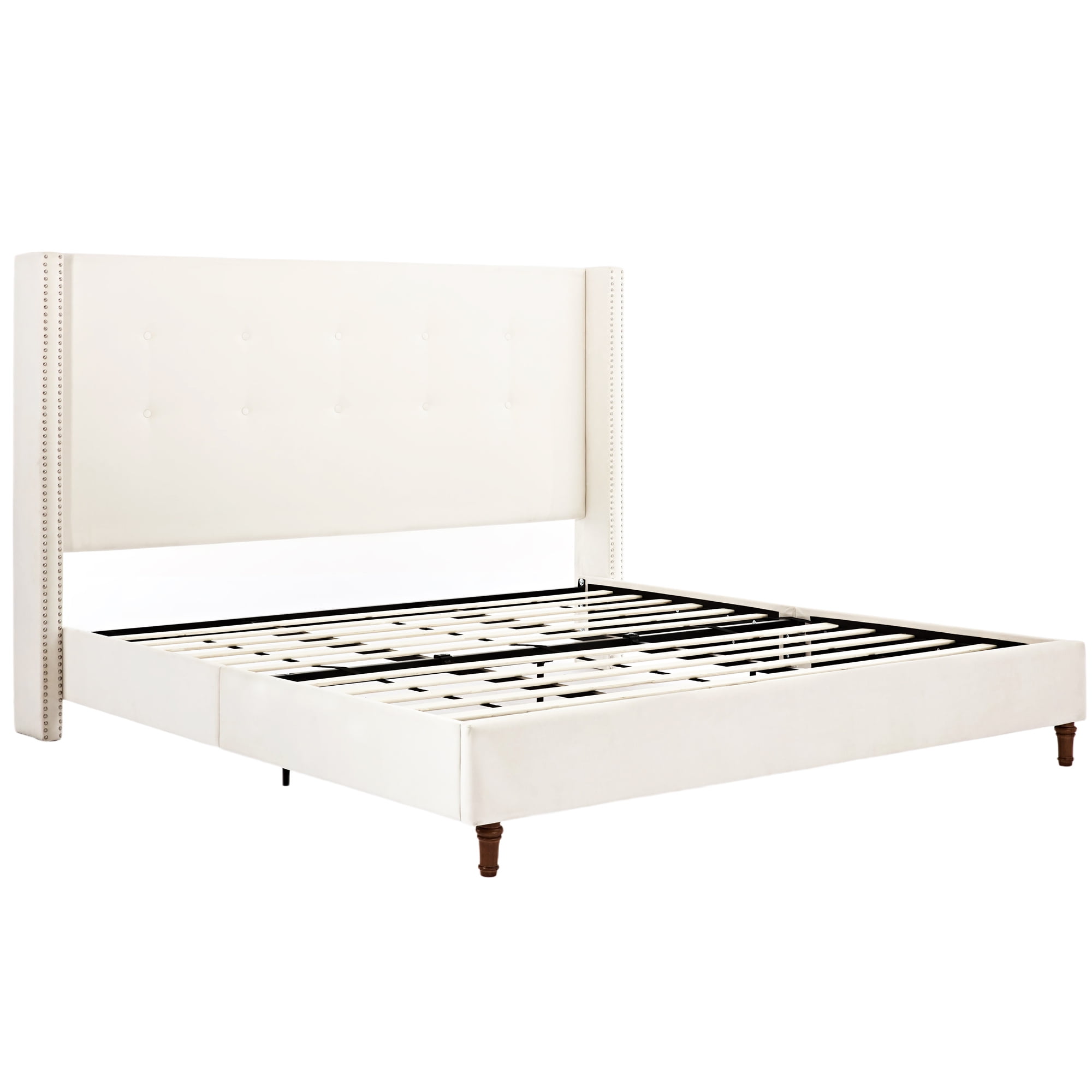 Miniyam King Size Platform Bed Frame with 54" High Wingback Headboard, Tufted & Nailhead Trim, Beige