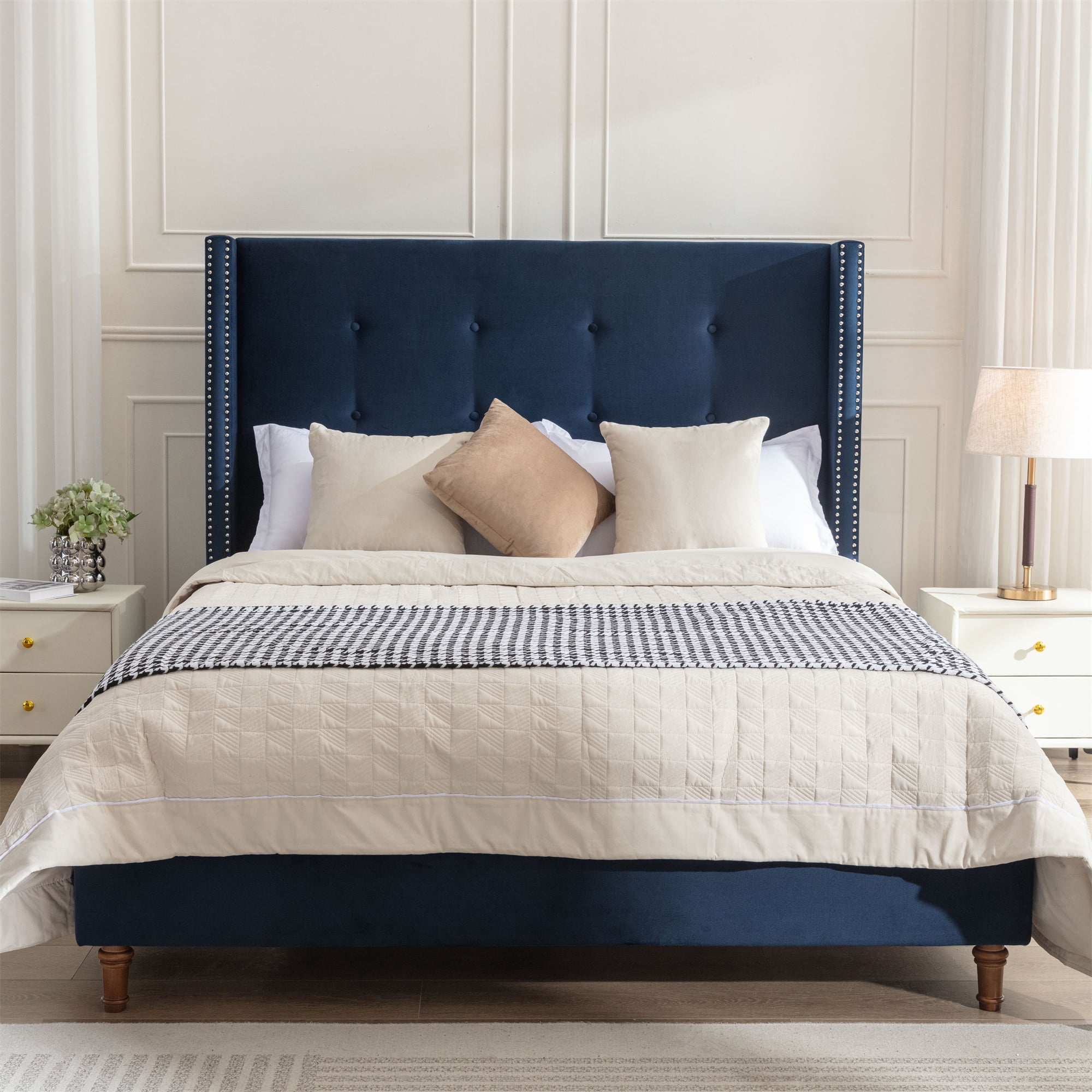 Miniyam King Size Platform Bed Frame with 54" High Wingback Headboard, Tufted & Nailhead Trim, Blue