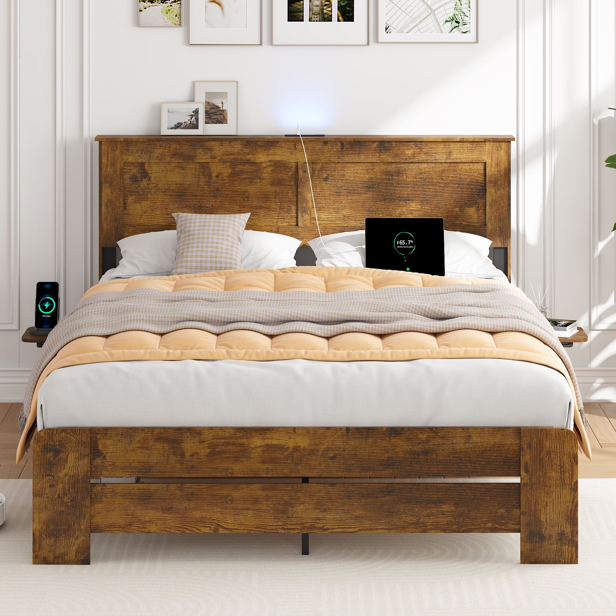Miniyam King Size Platform Bed with LED Headboard, USB & Type-C Charging Ports, Storage Shelf and Foldable Side Tables, Brown