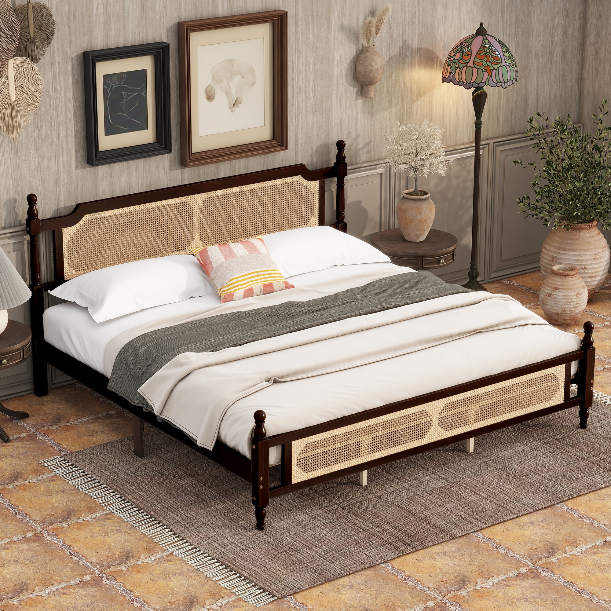 Miniyam King Size Rattan Bed with Spherical Bedposts for Adult, Espresso