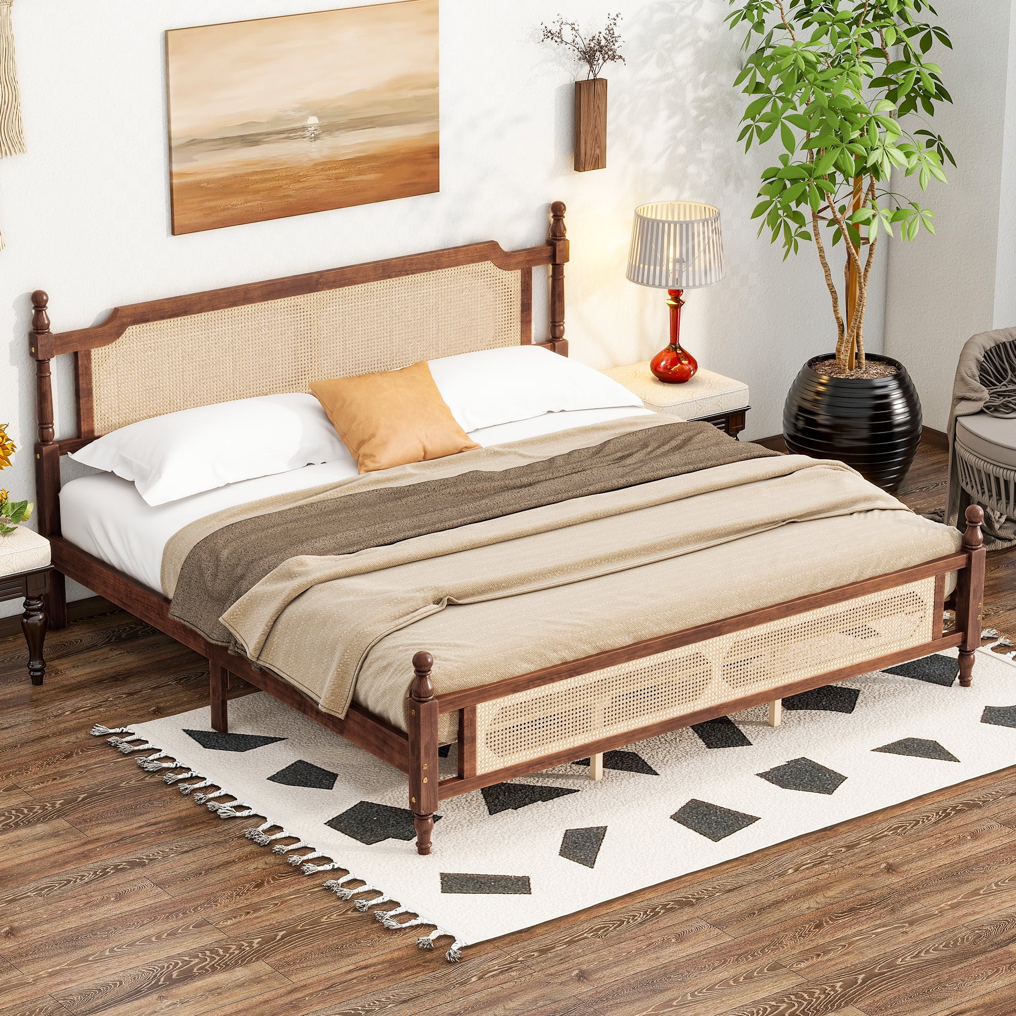 Miniyam King Size Rattan Bed with Spherical Bedposts for Adult, Walnut