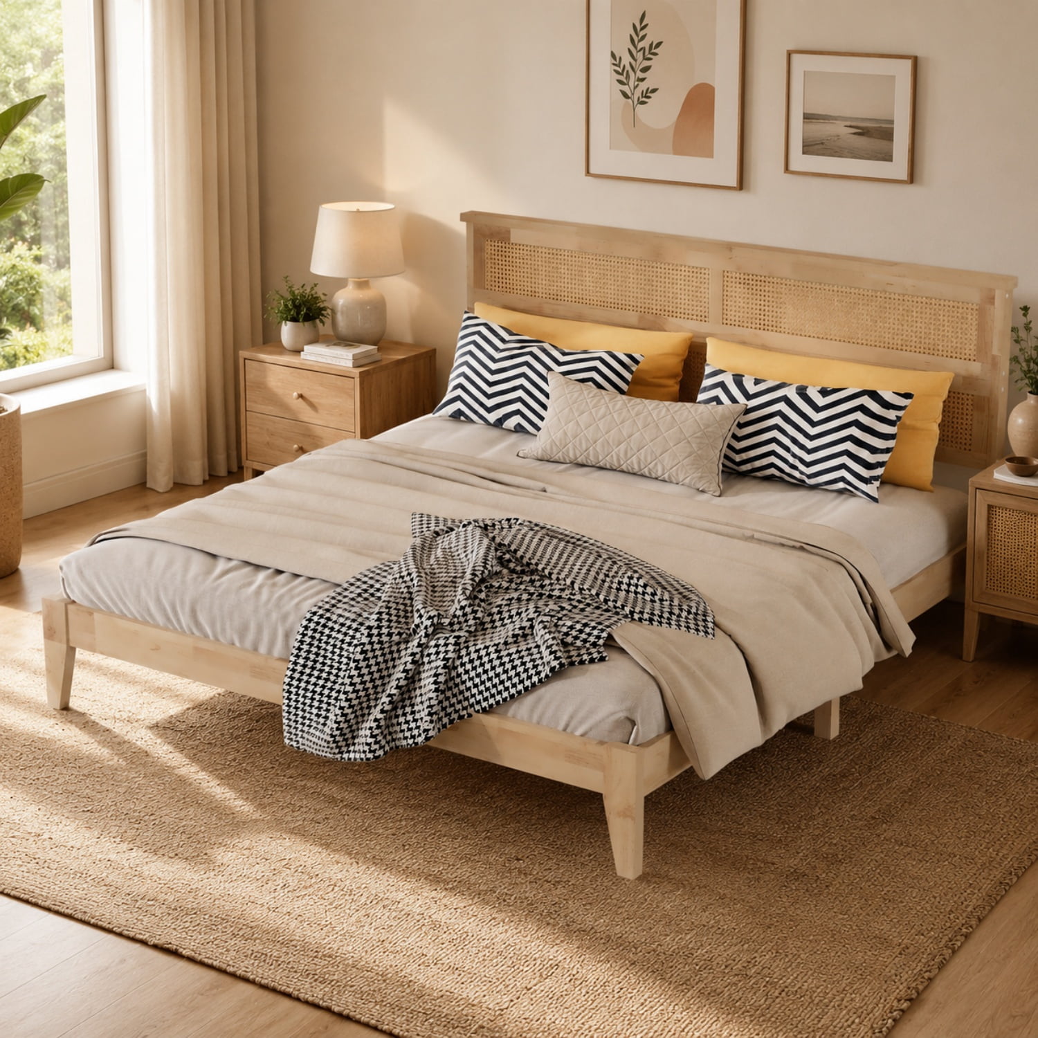 Miniyam King Size Rubber Wood Bed Frame with Rattan-Style Woven Headboard, Natural