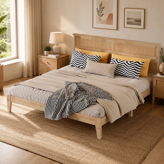 Miniyam King Size Rubber Wood Bed Frame with Rattan-Style Woven Headboard, Natural
