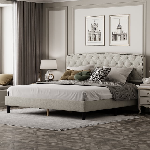 Miniyam King Size Upholstered Bed Frame with Button Tufted & Nailhead ...