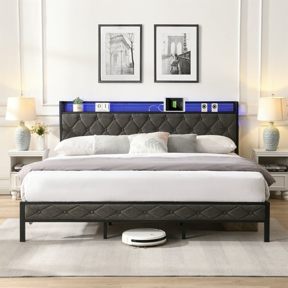 Miniyam King Size Upholstered Platform Bed Frame with 3 USB Ports & LED Lights for Adult, Light Gray
