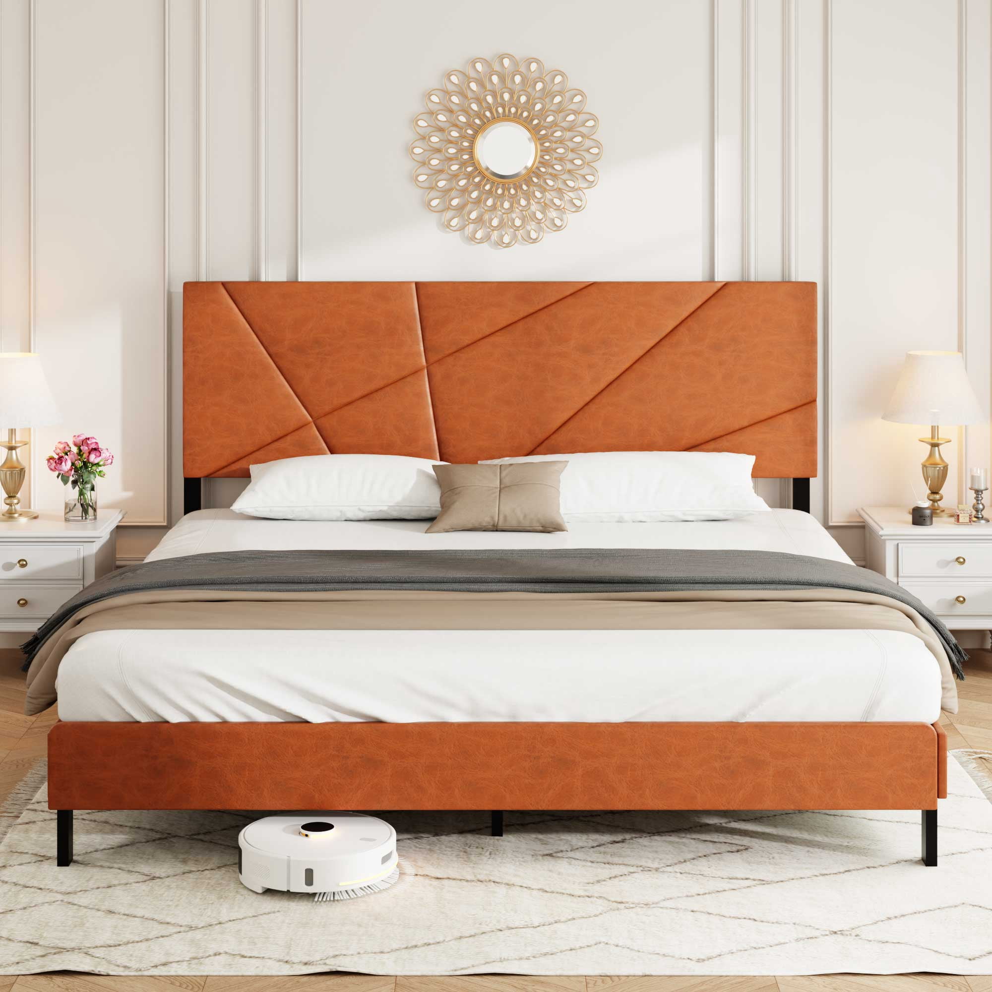 Miniyam King Size Upholstered Platform Bed with Faux Leather Headboard for Adult, Metal Slats, Brown